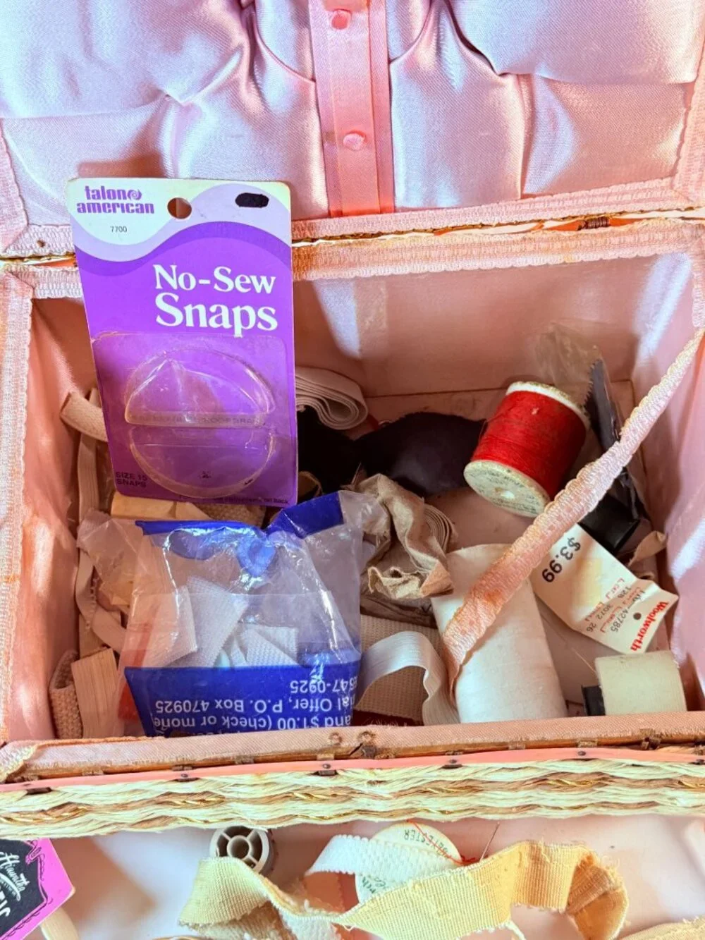 Vintage Wicker Sewing Basket Organizer With Pink Satin Lining & Assorted
